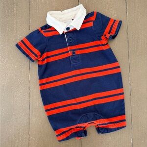 Hanna Andersson Baby Boys’ Blue & Orange Stripe Collar Romper Onesie • Size 0-3M